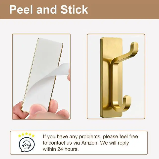 Alt view image 4 of 6 - Self Adhesive Hooks, Extra Sticky 10LB (Max), Heavy Duty Stainless, Stick On Wall and Door Hooks for Hanging, Bathroom Towel Hooks and Coat Hooks, Robe Hook Wall Mounted, Gold, 4 Pack