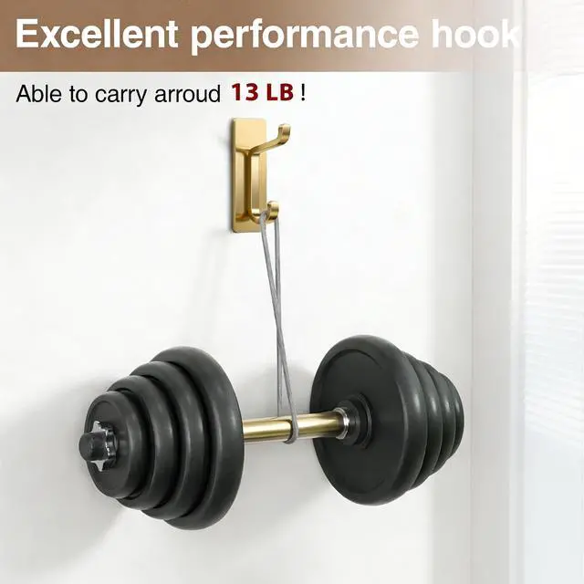Alt view image 3 of 6 - Self Adhesive Hooks, Extra Sticky 10LB (Max), Heavy Duty Stainless, Stick On Wall and Door Hooks for Hanging, Bathroom Towel Hooks and Coat Hooks, Robe Hook Wall Mounted, Gold, 4 Pack