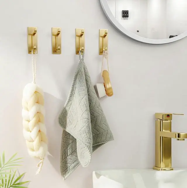 Alt view image 5 of 6 - Self Adhesive Hooks, Extra Sticky 10LB (Max), Heavy Duty Stainless, Stick On Wall and Door Hooks for Hanging, Bathroom Towel Hooks and Coat Hooks, Robe Hook Wall Mounted, Gold, 4 Pack