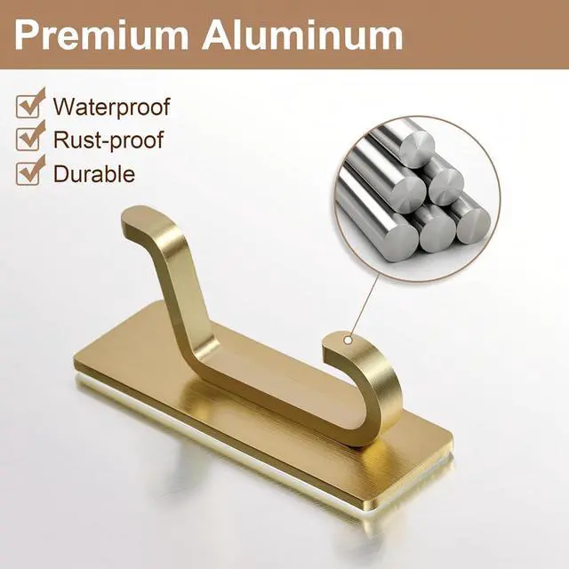 Alt view image 6 of 6 - Self Adhesive Hooks, Extra Sticky 10LB (Max), Heavy Duty Stainless, Stick On Wall and Door Hooks for Hanging, Bathroom Towel Hooks and Coat Hooks, Robe Hook Wall Mounted, Gold, 4 Pack