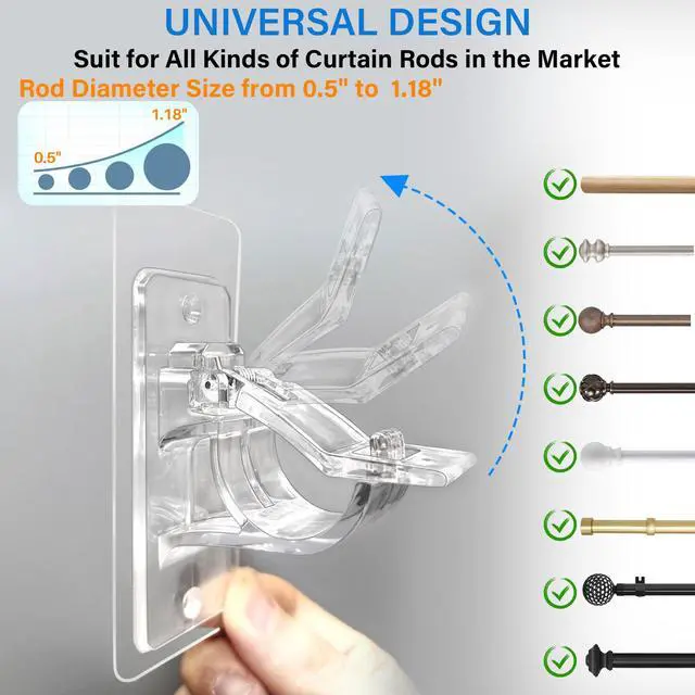 Alt view image 2 of 7 - Pack No Drill Needed Curtain Rod Holders, Self Adhesive Rod Brackets, Multipurpose Nail-Free Stick on Curtain Rod Hooks Hangers for Dorm, Kitchen, Home, Bathroom, Transparent