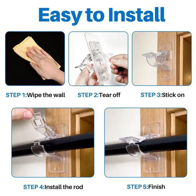 Alt view image 3 of 7 - Pack No Drill Needed Curtain Rod Holders, Self Adhesive Rod Brackets, Multipurpose Nail-Free Stick on Curtain Rod Hooks Hangers for Dorm, Kitchen, Home, Bathroom, Transparent