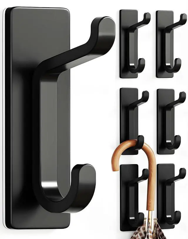 Main image of Wall Hooks for Coat and Towel: 13LB Strong Adhesive Door Hanger Stick on, Black 6 Pack