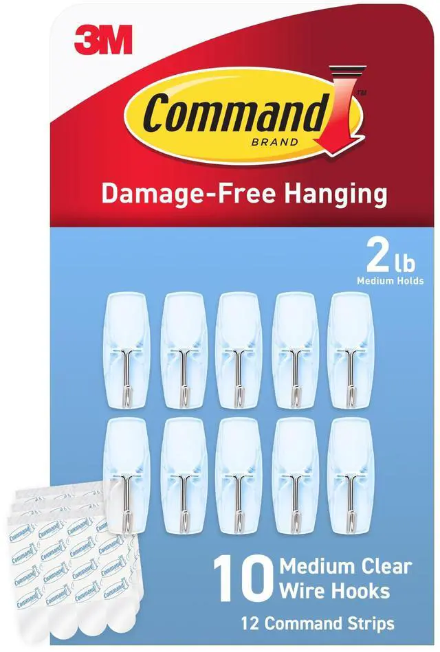 Main image of Medium Clear Wire Toggle Hooks,10 Wall Hook and 12 Strips, Damage-Free Hanging with Adhesive, Great for Hanging, Organization and Storage, Holds up to 2 lb