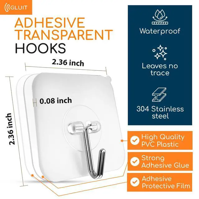 Alt view image 2 of 7 - Adhesive Wall Hooks for Hanging Heavy Duty 22 lbs Hooks for Walls No Drill, Towel Sticky Clear Hook, Waterproof, Home, Bathroom, Kitchen, Office, and Outdoor 12 Pack