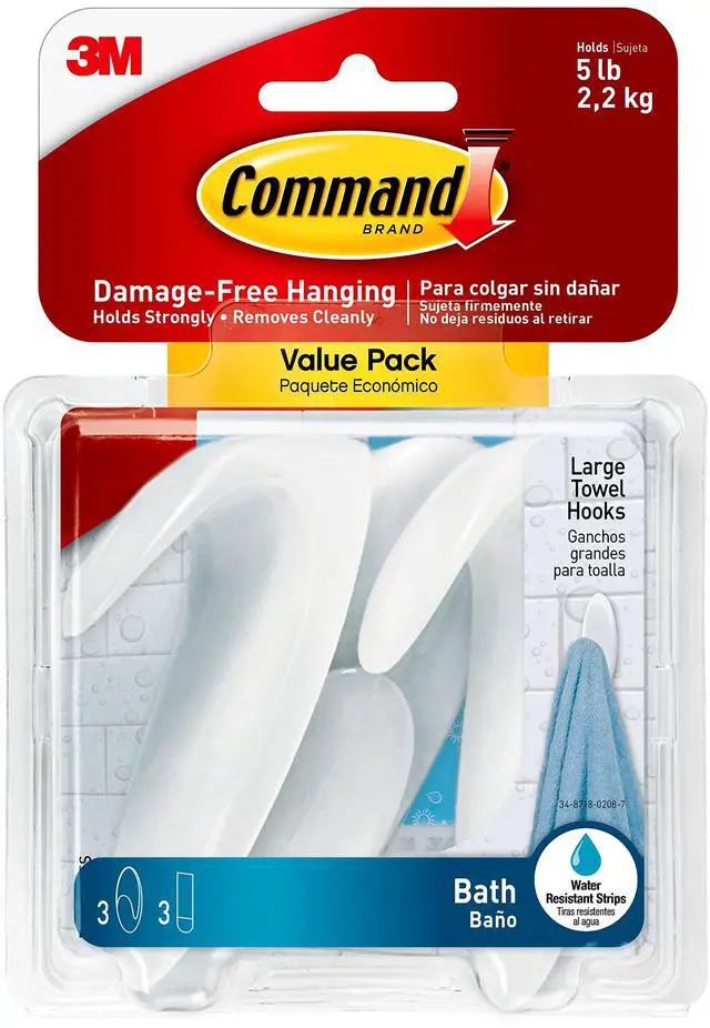 Main image of Bath Large Towel Hook Value Pack, Clear Frosted, 3-Large Hooks, 3-Water-Resistant Strips, Organize Damage-Free