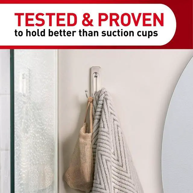 Alt view image 3 of 7 - Large Double Bathroom Wall Hook, Damage-Free Hanging with Adhesive Strip, Great for Hanging Bath Towels, 1 Satin Nickel Wall Hook and 1 Water-Resistant Strip, Holds up to 4 lb