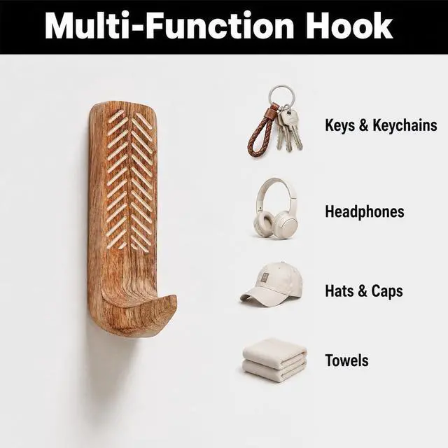 Alt view image 5 of 7 - LB Decorative Wood Adhesive Wall Hooks Boho Peel and Stick Hooks for Keys, Hats, Towels, Bags & Entryway Decor, Self Adhesive Wall Mounted Hooks for Home Organization-3 Pieces