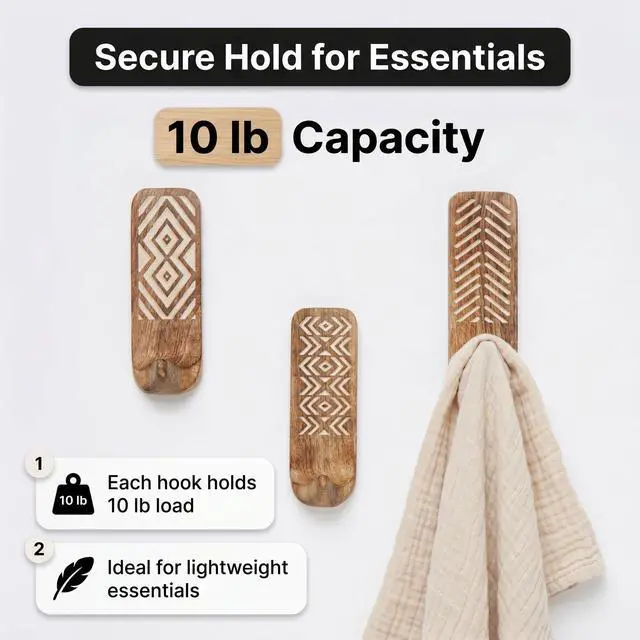 Alt view image 2 of 7 - LB Decorative Wood Adhesive Wall Hooks Boho Peel and Stick Hooks for Keys, Hats, Towels, Bags & Entryway Decor, Self Adhesive Wall Mounted Hooks for Home Organization-3 Pieces