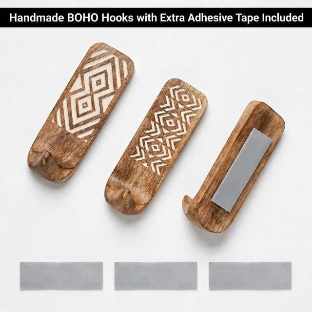 Alt view image 6 of 7 - LB Decorative Wood Adhesive Wall Hooks Boho Peel and Stick Hooks for Keys, Hats, Towels, Bags & Entryway Decor, Self Adhesive Wall Mounted Hooks for Home Organization-3 Pieces
