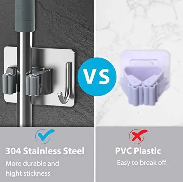 Alt view image 2 of 7 - Mop Broom Holder No Drill, Mop Broom Organizer Wall Mounted Heavy Duty with Hooks Hanger, Self Adhesive Stainless Steel 4Pcs for Bathroom, Kitchen, Office (Silver)
