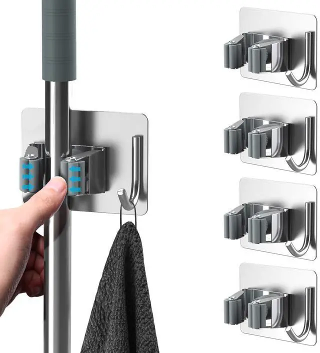 Main image of Mop Broom Holder No Drill, Mop Broom Organizer Wall Mounted Heavy Duty with Hooks Hanger, Self Adhesive Stainless Steel 4Pcs for Bathroom, Kitchen, Office (Silver)
