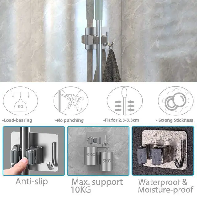 Alt view image 3 of 7 - Mop Broom Holder No Drill, Mop Broom Organizer Wall Mounted Heavy Duty with Hooks Hanger, Self Adhesive Stainless Steel 4Pcs for Bathroom, Kitchen, Office (Silver)