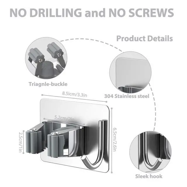 Alt view image 4 of 7 - Mop Broom Holder No Drill, Mop Broom Organizer Wall Mounted Heavy Duty with Hooks Hanger, Self Adhesive Stainless Steel 4Pcs for Bathroom, Kitchen, Office (Silver)