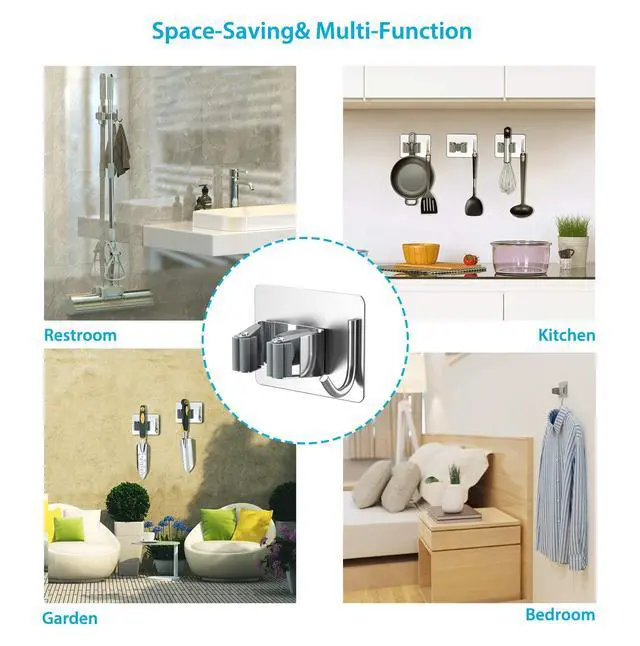 Alt view image 7 of 7 - Mop Broom Holder No Drill, Mop Broom Organizer Wall Mounted Heavy Duty with Hooks Hanger, Self Adhesive Stainless Steel 4Pcs for Bathroom, Kitchen, Office (Silver)