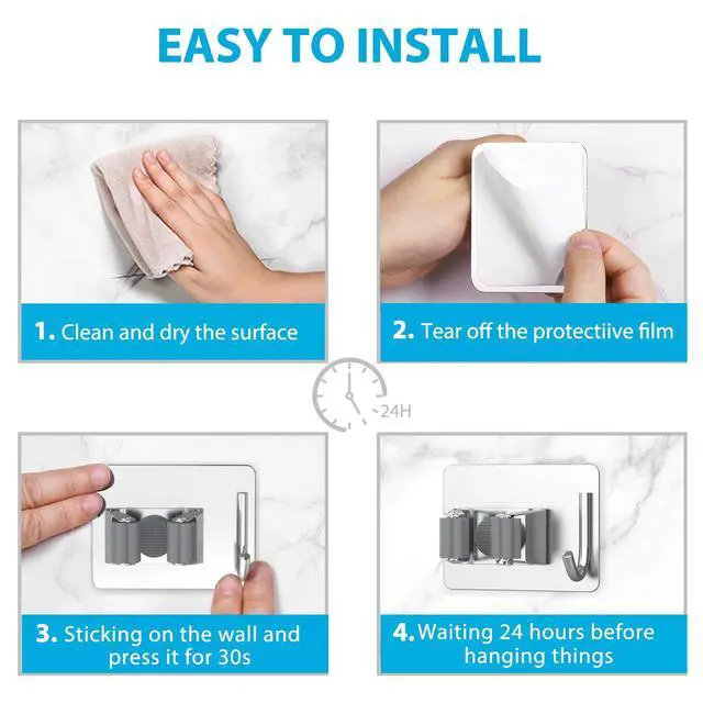 Alt view image 6 of 7 - Mop Broom Holder No Drill, Mop Broom Organizer Wall Mounted Heavy Duty with Hooks Hanger, Self Adhesive Stainless Steel 4Pcs for Bathroom, Kitchen, Office (Silver)