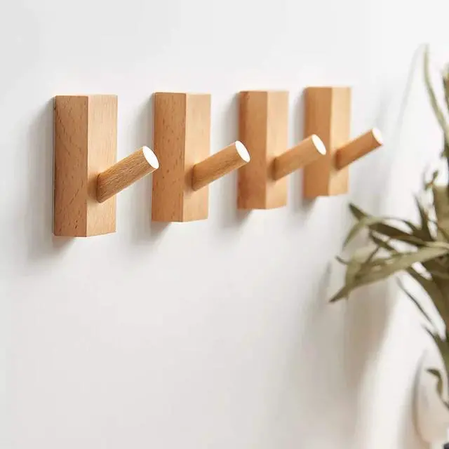 Main image of 4Pack Adhesive Wall Hooks Hat Rack, Wooden Coat Hooks Wall Mounted, Decorative Hooks Single Organizer Hat Hanger Towel Rack, Heavy Duty Hooks (Rectangle-Beech,4P)