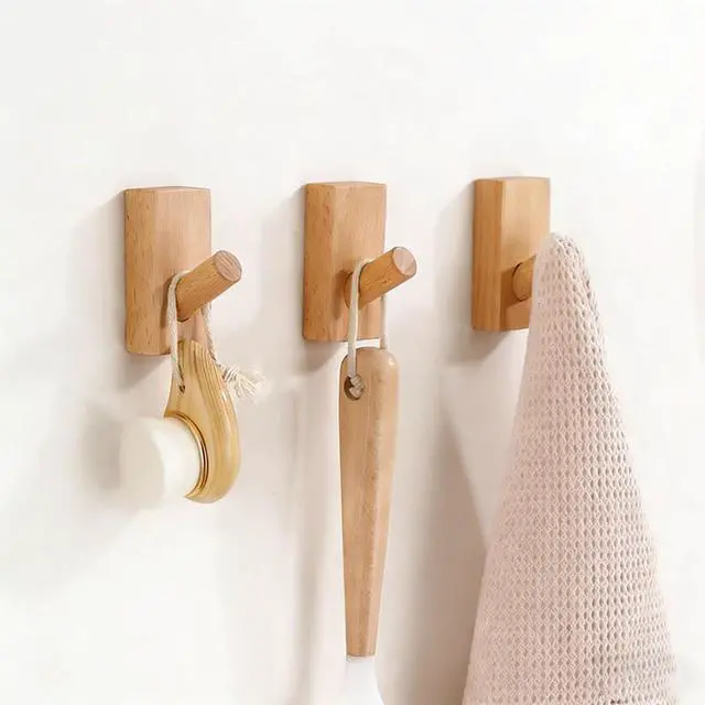 Alt view image 2 of 7 - 4Pack Adhesive Wall Hooks Hat Rack, Wooden Coat Hooks Wall Mounted, Decorative Hooks Single Organizer Hat Hanger Towel Rack, Heavy Duty Hooks (Rectangle-Beech,4P)