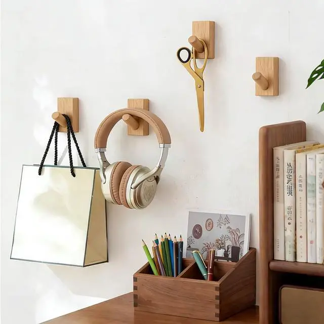 Alt view image 3 of 7 - 4Pack Adhesive Wall Hooks Hat Rack, Wooden Coat Hooks Wall Mounted, Decorative Hooks Single Organizer Hat Hanger Towel Rack, Heavy Duty Hooks (Rectangle-Beech,4P)