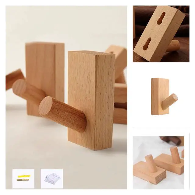 Alt view image 5 of 7 - 4Pack Adhesive Wall Hooks Hat Rack, Wooden Coat Hooks Wall Mounted, Decorative Hooks Single Organizer Hat Hanger Towel Rack, Heavy Duty Hooks (Rectangle-Beech,4P)