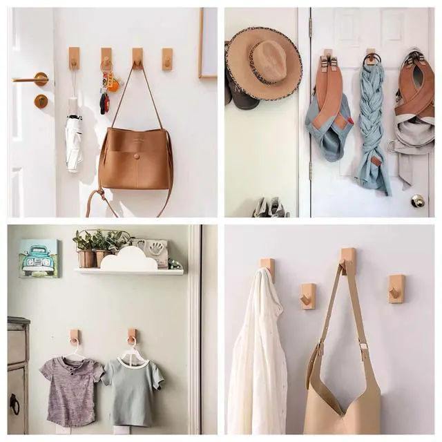 Alt view image 4 of 7 - 4Pack Adhesive Wall Hooks Hat Rack, Wooden Coat Hooks Wall Mounted, Decorative Hooks Single Organizer Hat Hanger Towel Rack, Heavy Duty Hooks (Rectangle-Beech,4P)