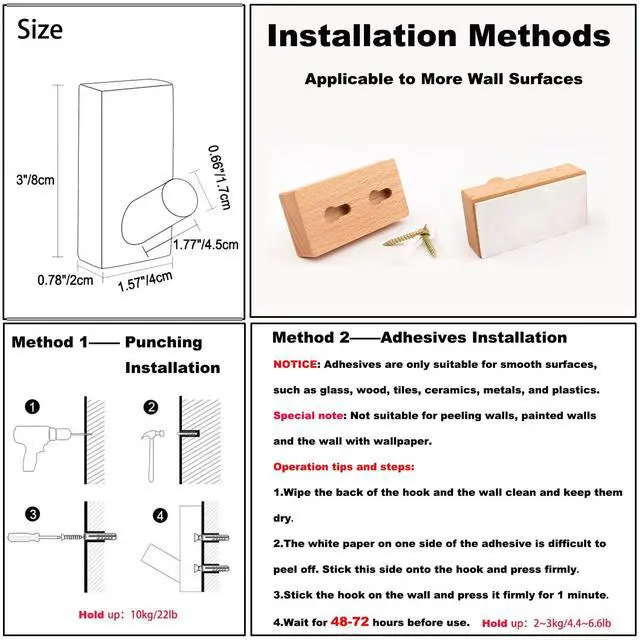 Alt view image 7 of 7 - 4Pack Adhesive Wall Hooks Hat Rack, Wooden Coat Hooks Wall Mounted, Decorative Hooks Single Organizer Hat Hanger Towel Rack, Heavy Duty Hooks (Rectangle-Beech,4P)