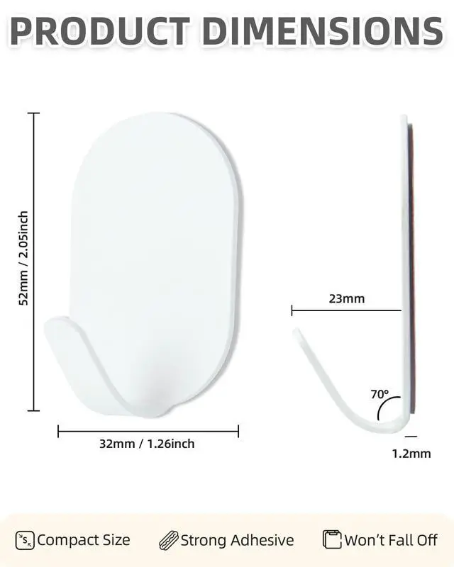 Alt view image 2 of 7 - White Adhesive Hooks, 6-Pack Heavy Duty No Drill Bathroom Hooks