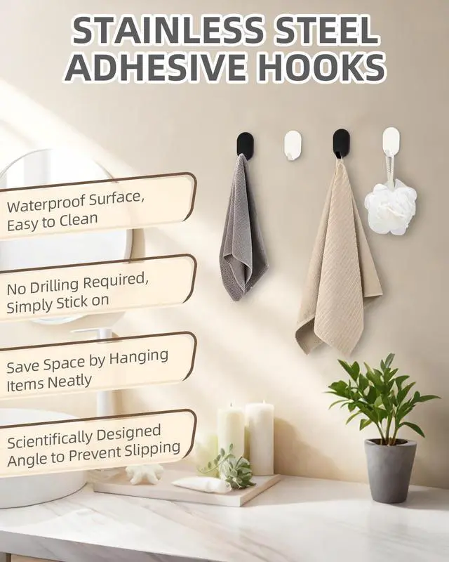 Alt view image 4 of 7 - White Adhesive Hooks, 6-Pack Heavy Duty No Drill Bathroom Hooks