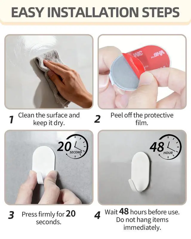 Alt view image 6 of 7 - White Adhesive Hooks, 6-Pack Heavy Duty No Drill Bathroom Hooks