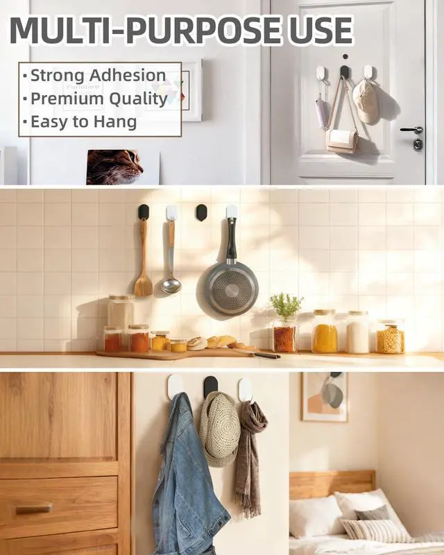 Alt view image 7 of 7 - White Adhesive Hooks, 6-Pack Heavy Duty No Drill Bathroom Hooks