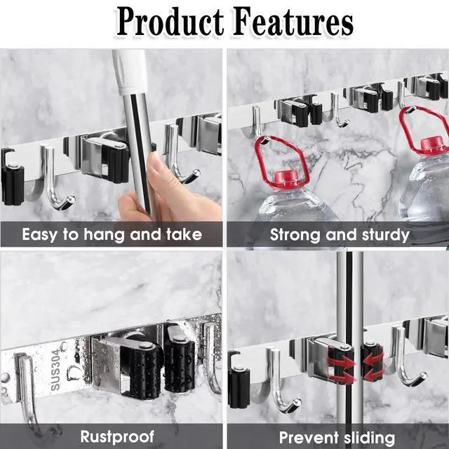 Alt view image 2 of 7 - 5 Racks and 4 Hooks Mop and Broom Holder Wall Mount, Broom Organizer Storage Tool Racks Stainless Steel Heavy Duty Hooks Self Adhesive Solid Non-slip for Home Kitchen Garden Laundry Garage