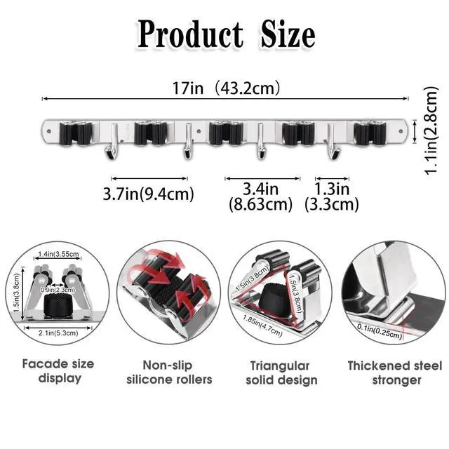 Alt view image 3 of 7 - 5 Racks and 4 Hooks Mop and Broom Holder Wall Mount, Broom Organizer Storage Tool Racks Stainless Steel Heavy Duty Hooks Self Adhesive Solid Non-slip for Home Kitchen Garden Laundry Garage
