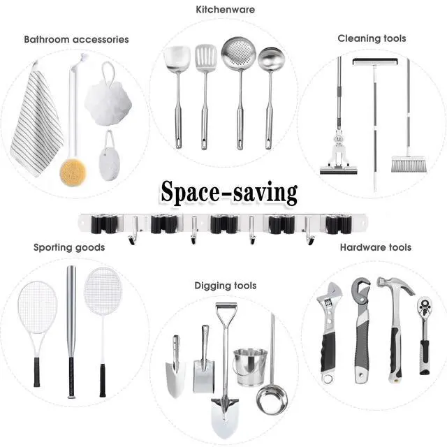Alt view image 4 of 7 - 5 Racks and 4 Hooks Mop and Broom Holder Wall Mount, Broom Organizer Storage Tool Racks Stainless Steel Heavy Duty Hooks Self Adhesive Solid Non-slip for Home Kitchen Garden Laundry Garage