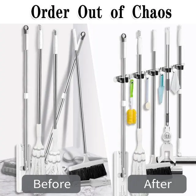 Alt view image 6 of 7 - 5 Racks and 4 Hooks Mop and Broom Holder Wall Mount, Broom Organizer Storage Tool Racks Stainless Steel Heavy Duty Hooks Self Adhesive Solid Non-slip for Home Kitchen Garden Laundry Garage