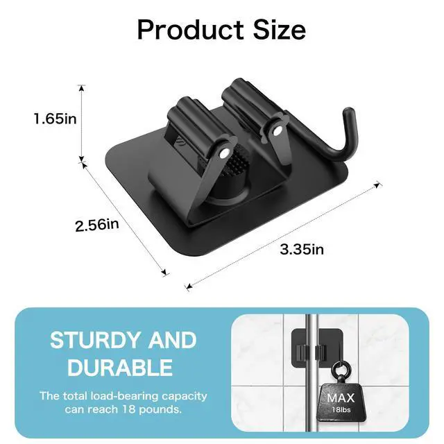 Alt view image 2 of 7 - Pack No Drill Self Adhesive Broom Mop Holder Wall Mount with Hooks, Heavy Duty Stainless Steel Organizer for Kitchen Bathroom Garage Storage, Black