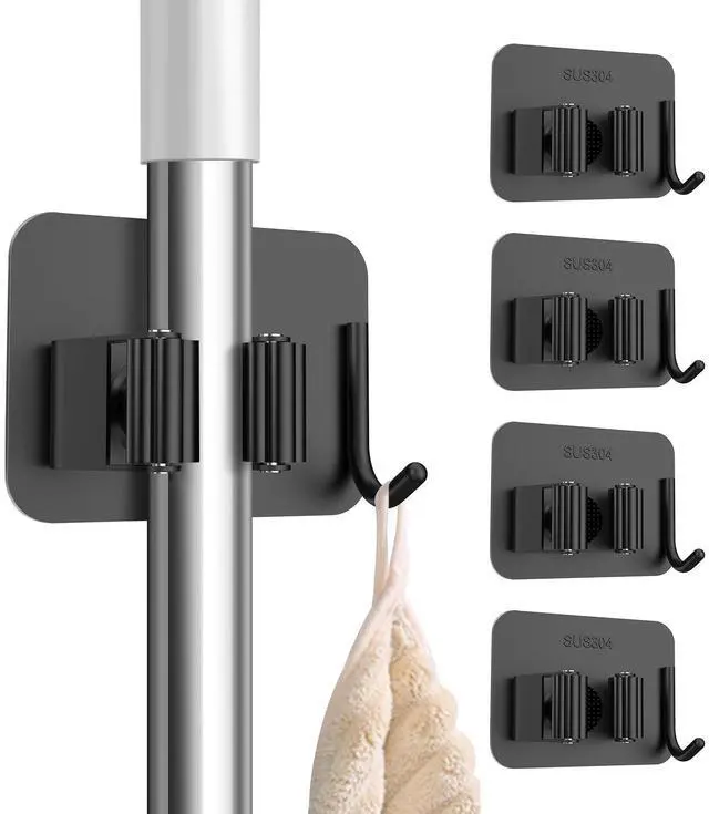Main image of Pack No Drill Self Adhesive Broom Mop Holder Wall Mount with Hooks, Heavy Duty Stainless Steel Organizer for Kitchen Bathroom Garage Storage, Black