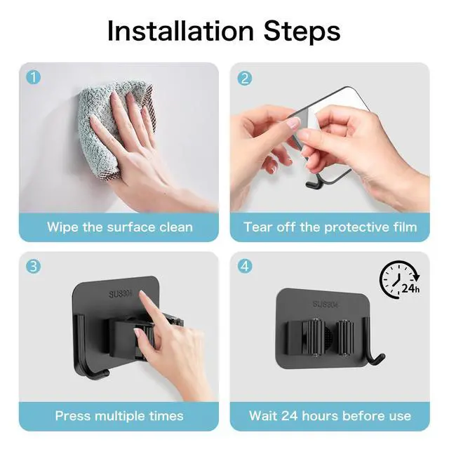 Alt view image 3 of 7 - Pack No Drill Self Adhesive Broom Mop Holder Wall Mount with Hooks, Heavy Duty Stainless Steel Organizer for Kitchen Bathroom Garage Storage, Black