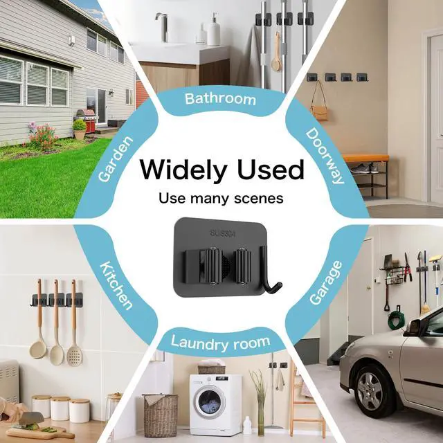 Alt view image 5 of 7 - Pack No Drill Self Adhesive Broom Mop Holder Wall Mount with Hooks, Heavy Duty Stainless Steel Organizer for Kitchen Bathroom Garage Storage, Black