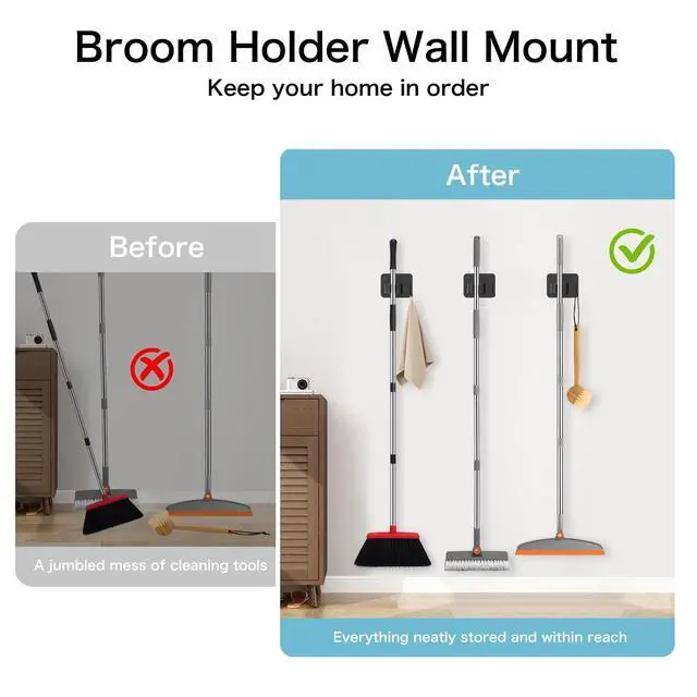 Alt view image 7 of 7 - Pack No Drill Self Adhesive Broom Mop Holder Wall Mount with Hooks, Heavy Duty Stainless Steel Organizer for Kitchen Bathroom Garage Storage, Black
