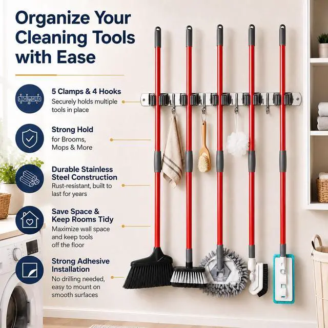 Alt view image 2 of 7 - Racks and 4 Hooks Mop and Broom Holder Wall Mount, Self Adhesive Heavy Duty Broom Hanger Organizer Storage Tool Racks for Kitchen Garden Laundry Garage