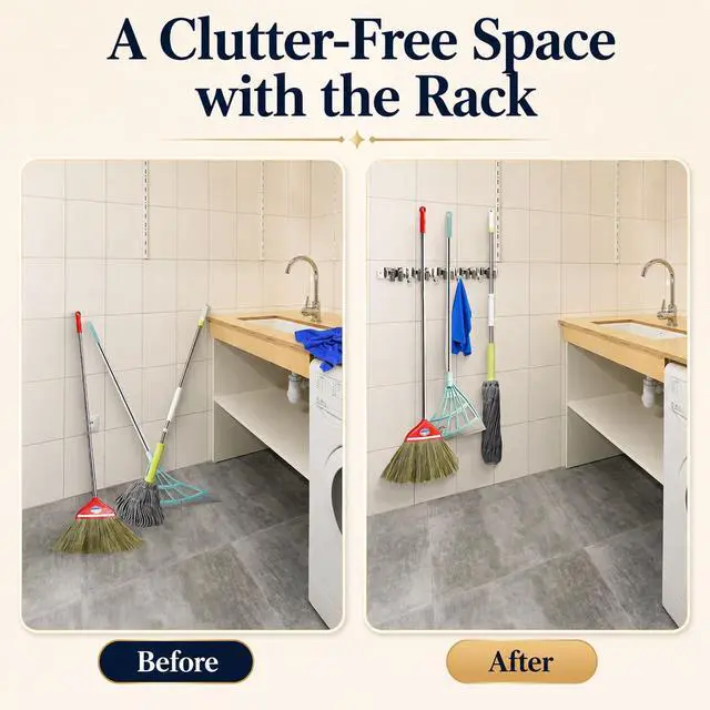 Alt view image 3 of 7 - Racks and 4 Hooks Mop and Broom Holder Wall Mount, Self Adhesive Heavy Duty Broom Hanger Organizer Storage Tool Racks for Kitchen Garden Laundry Garage