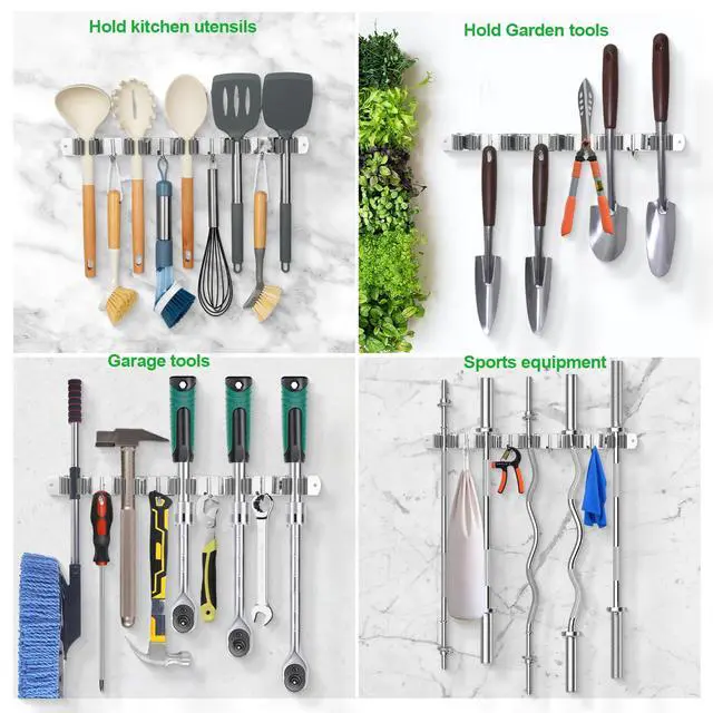 Alt view image 7 of 7 - Racks and 4 Hooks Mop and Broom Holder Wall Mount, Self Adhesive Heavy Duty Broom Hanger Organizer Storage Tool Racks for Kitchen Garden Laundry Garage