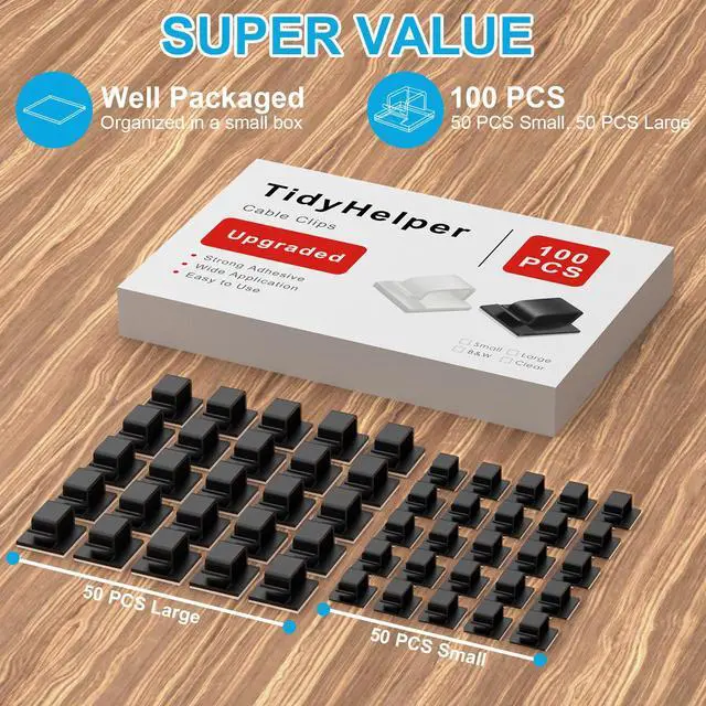 Alt view image 2 of 6 - 100 PCS Adhesive Cable Clips Black (Small & Large), Upgraded Wire Holder for Wall Cord Organizer Cable Management Under Desk, Outdoor Light Clips Hooks for LED, Car Dash Cam, HDMI, Extension Cord