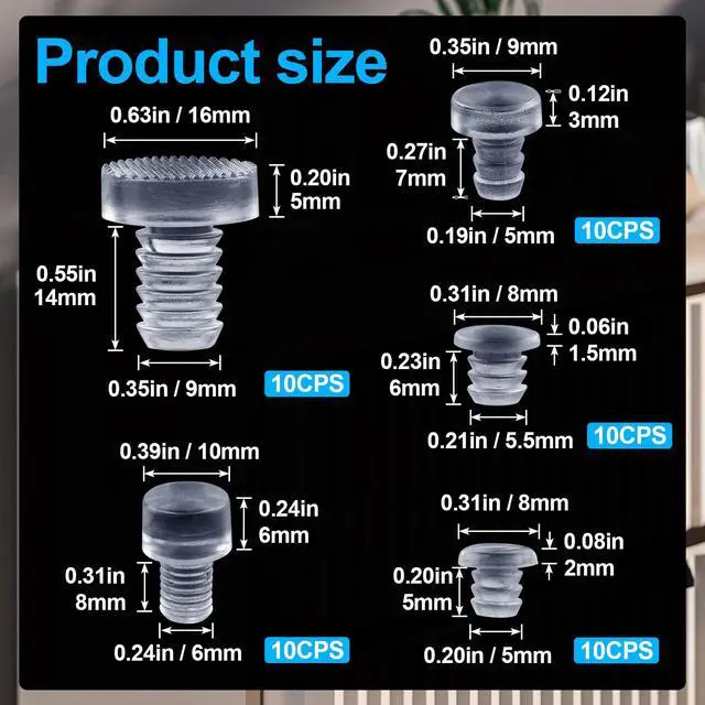 Alt view image 2 of 6 - 50 Pcs Glass Top Table Bumpers with Stem, 5 Sizes Assorted Anti-Slip Pads, Clear Silicone Glass Patio Table Parts, Cabinet Stoppers for Furniture (0.19/0.20/0.21/0.24/0.35inch)