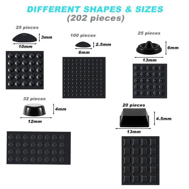 Alt view image 2 of 7 - 202 Pcs Combo Pack Clear Adhesive Bumper Pads, Round Spherical Square, Black, Self Adhesive Sound Dampening Transparent Rubber Feet Pads for Cabinet Doors Drawers Glass Tops Picture Frames Boards