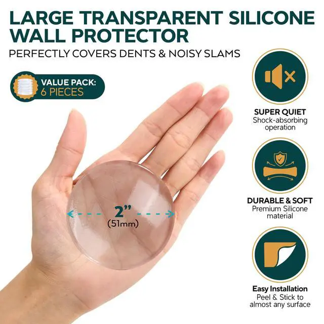 Alt view image 2 of 7 - Door Knob Wall Protector 2 Inch Silicone (6 Pack) Self Adhesive Transparent Door Bumpers, Shock Absorbent Wall Protectors from Door Knobs, Soft Flexible Door Knob Stopper, (Clear)