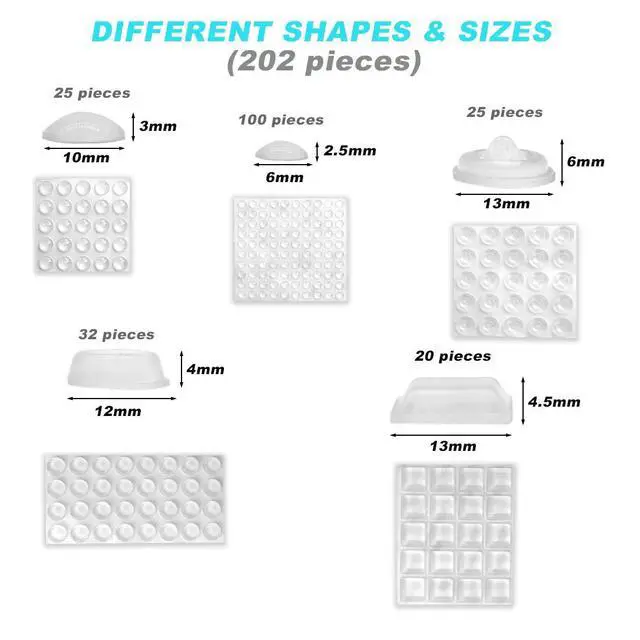 Alt view image 2 of 7 - 202 Pcs Combo Pack Clear Adhesive Bumper Pads, Round Spherical Square, Self Adhesive Sound Dampening Transparent Rubber Feet Pads for Cabinet Doors Drawers Glass Tops Picture Frames Cutting Boards