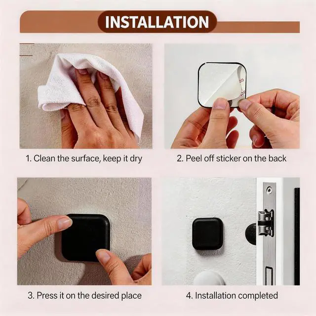 Alt view image 5 of 6 - Door Knob Wall Protectors - Square Silicone Door Stoppers for Wall & Furniture, Adhesive Quiet Shock-Absorbent Guard Bumpers, Thick Door Handle Stopper (6Pack, Black)