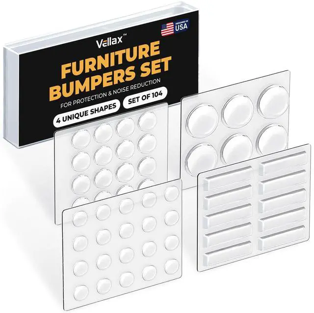 Main image of 104 Clear Cabinet Bumper Pads Self-Adhesive Silicone Buffer Set with 4 Shapes for Doors, Drawers & Furniture Sound Dampening & Surface Protection