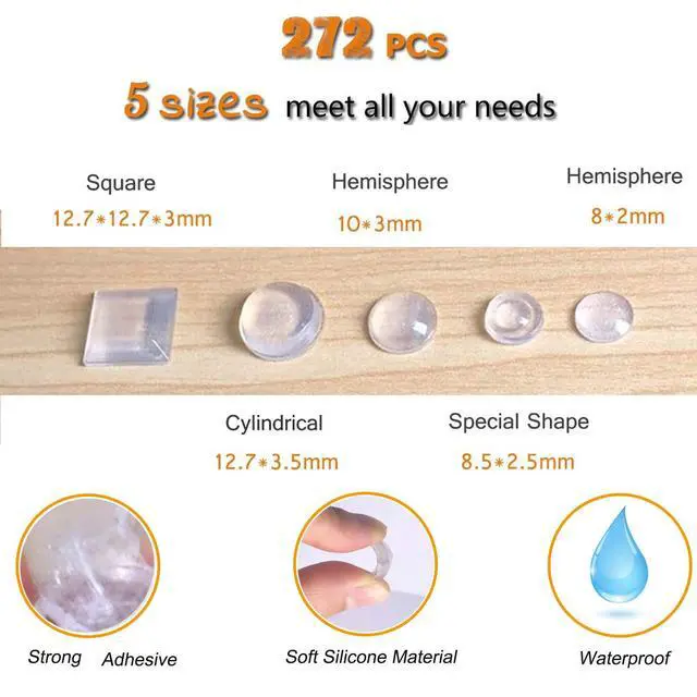 Alt view image 2 of 7 - Cabinet Door Bumpers Clear Self Adhesive Noise Dampening Bumper Pads 272Pcs Silicone Rubber Bumpers for Drawers Picture Frames Cutting Board and Furniture Surface Protection 5 Sizes Pack